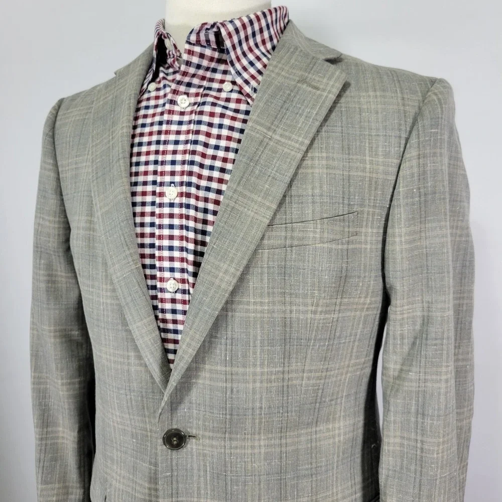 Calvin Klein Men's Sport Coat Blazer Gray Plaid Wool Linen Poly Extreme Slim 40R